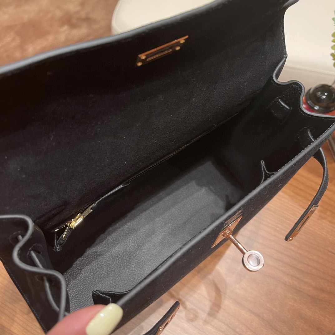 HERMES 爱马仕 现货 25凯莉 磨砂皮黑色 玫瑰金