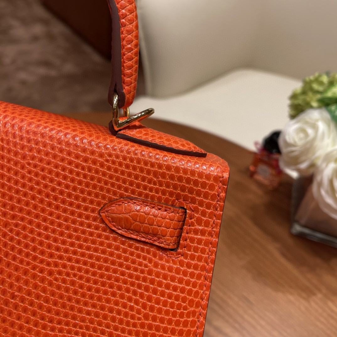 HERMES 28 Kelly 西班牙lizard 蜥蜴皮 稀有动物皮里 蜥蜴皮性比价还是很高的 9J 火焰橙 金扣