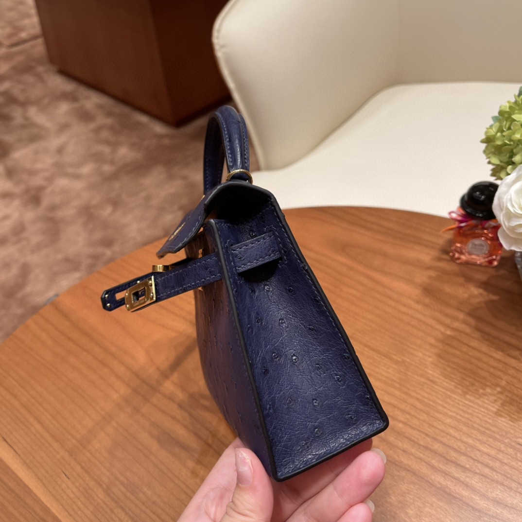 HERMES 爱马仕 mini kelly 二代 鸵鸟皮ostrich 皮 73 宝石蓝 金扣