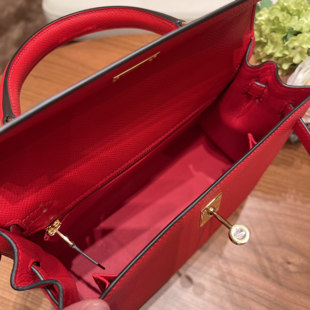 爱马仕 HERMES Kelly 25cm epsom皮 S3 心红 金扣