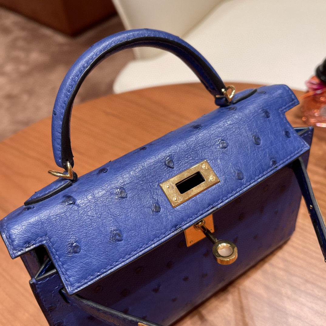 HERMES 爱马仕 mini kelly 二代 鸵鸟皮ostrich 皮 7T 电光蓝 金扣