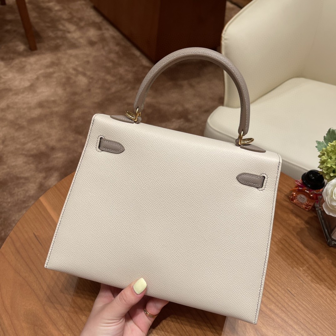 爱马仕 HERMES Kelly 25cm epsom皮 VIP定制 马蹄印 10 奶昔白拼 m8 沥青灰 金扣