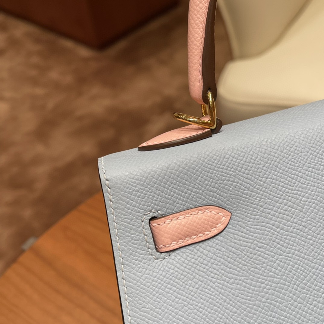 爱马仕 HERMES Kelly 25cm epsom皮 VIP定制 马蹄印 BB 蓝拼3Q粉 金扣