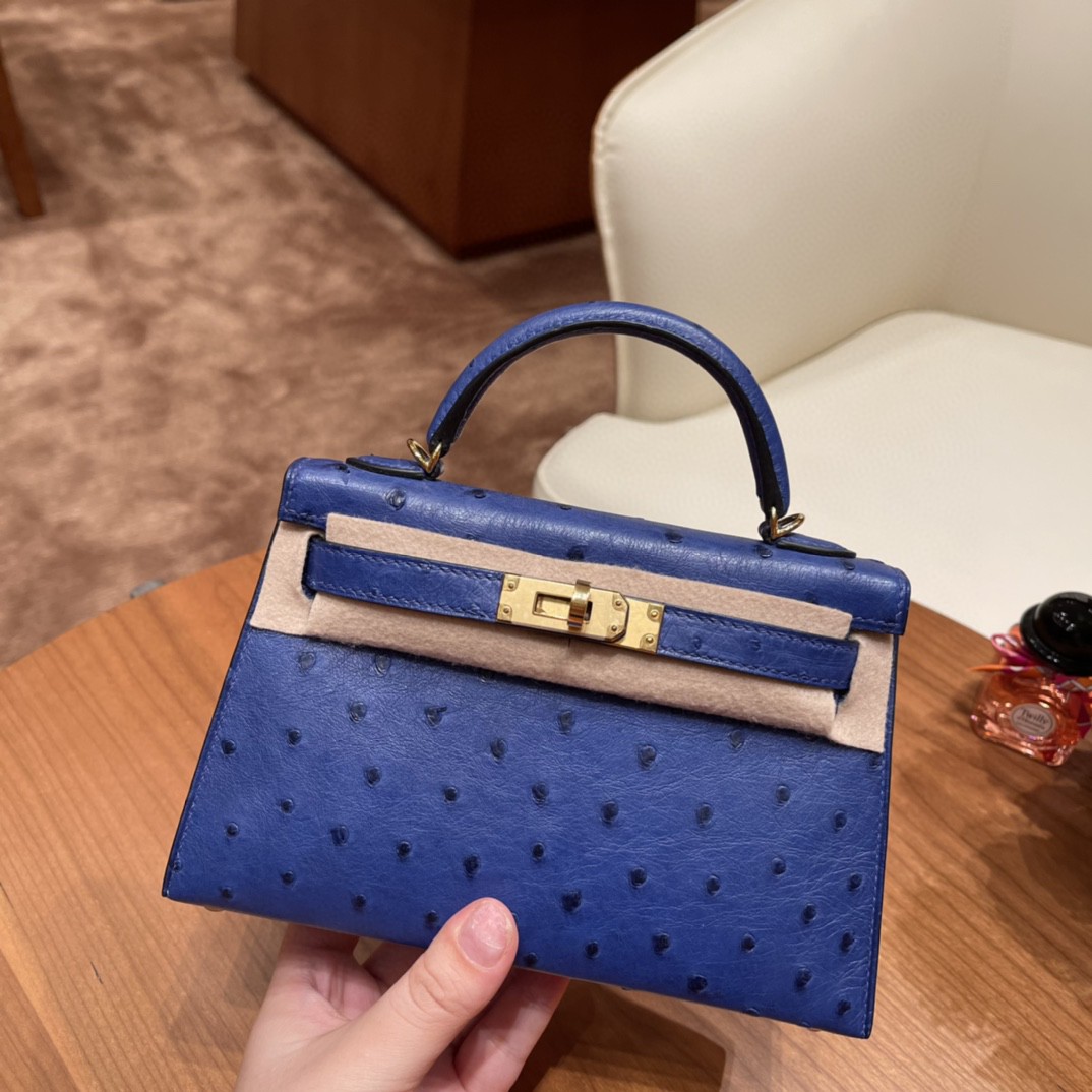HERMES 爱马仕 mini kelly 二代 鸵鸟皮ostrich 皮 7T 电光蓝 金扣