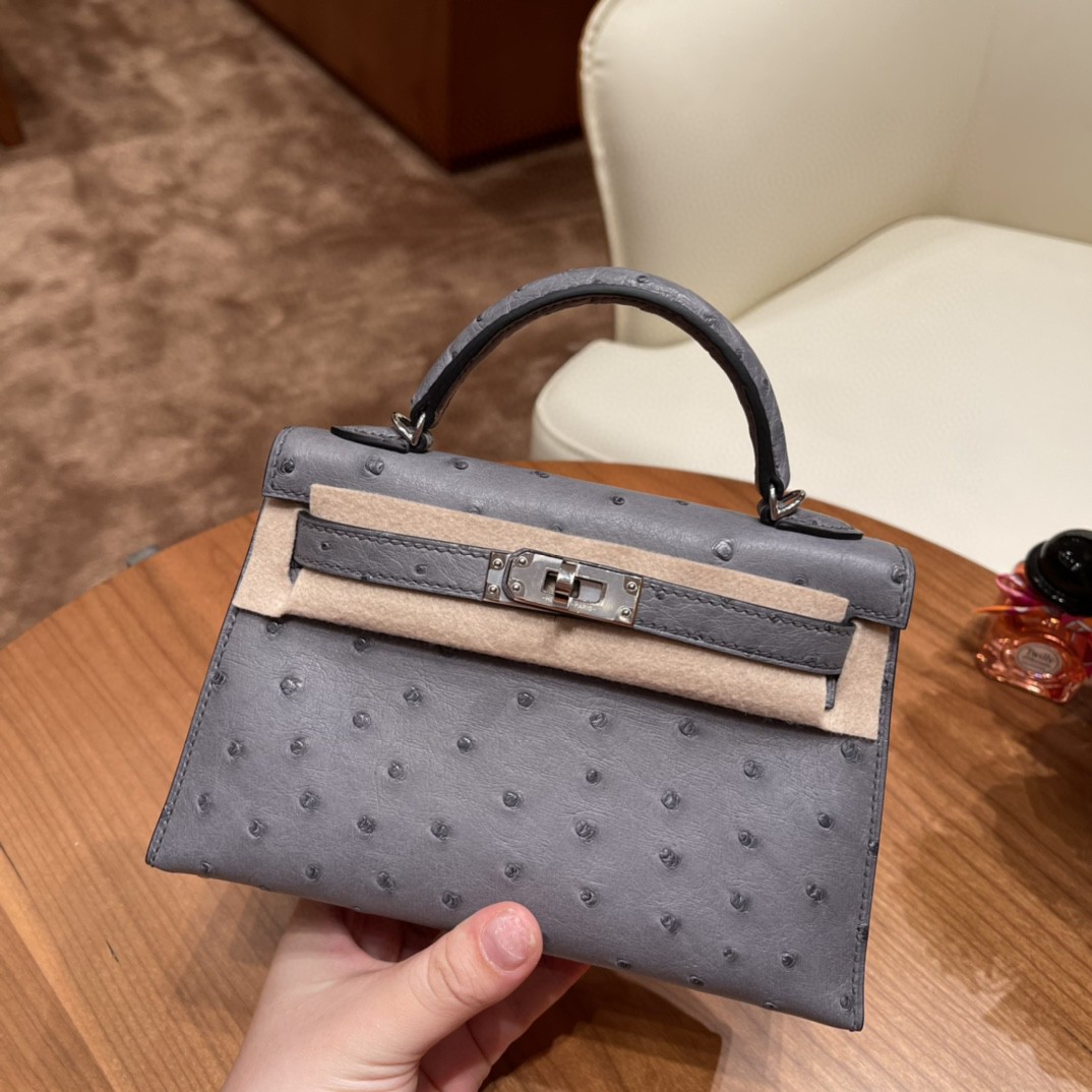 HERMES 爱马仕 mini kelly 二代 鸵鸟皮ostrich 皮 82 玛瑙灰银扣