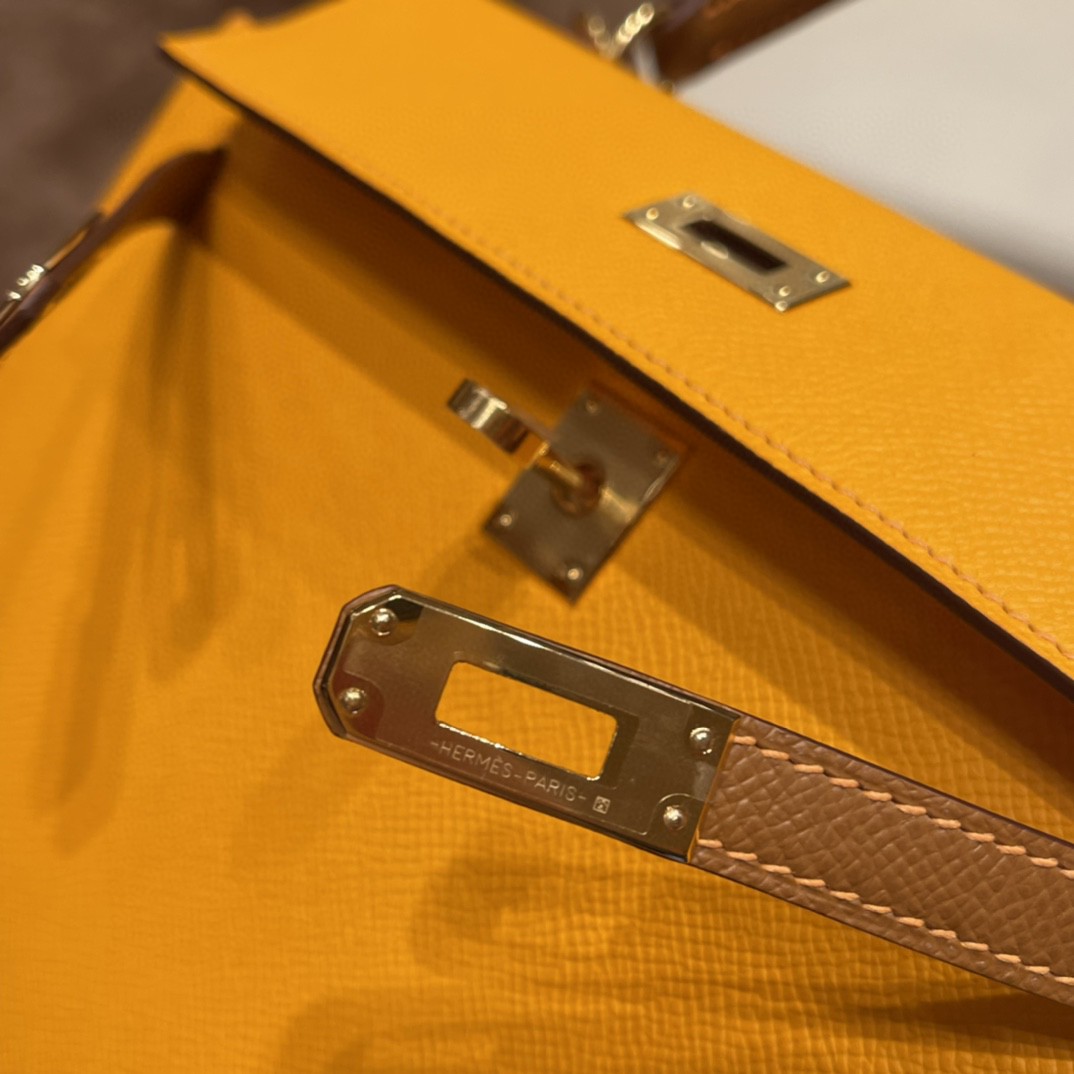 爱马仕 HERMES Kelly 25cm epsom皮 VIP定制 马蹄印 9V 太阳黄 拼37 金棕 金扣