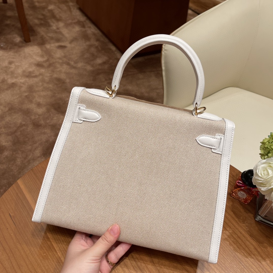 HERMES 爱马仕 限量款 kelly 28cm Kelly Toile H 01 纯白 金扣
