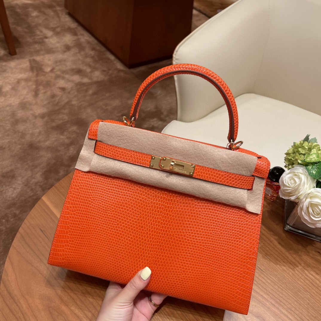 HERMES 28 Kelly 西班牙lizard 蜥蜴皮 稀有动物皮里 蜥蜴皮性比价还是很高的 9J 火焰橙 金扣