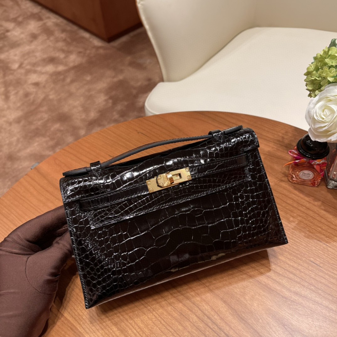 HERMES Kelly pochette 一代手包 亮光美洲鳄Alligator  89黑色 金扣
