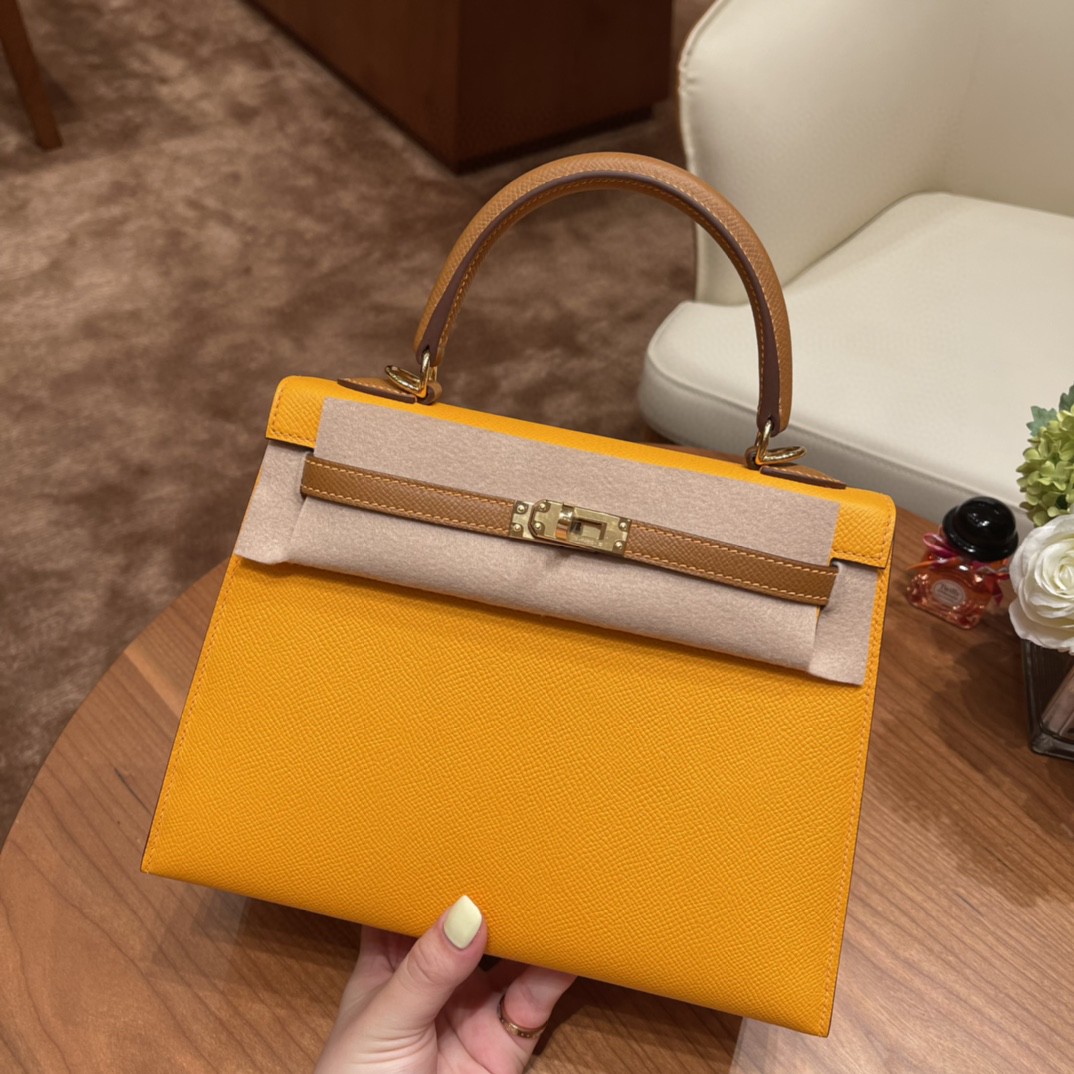 爱马仕 HERMES Kelly 25cm epsom皮 VIP定制 马蹄印 9V 太阳黄 拼37 金棕 金扣