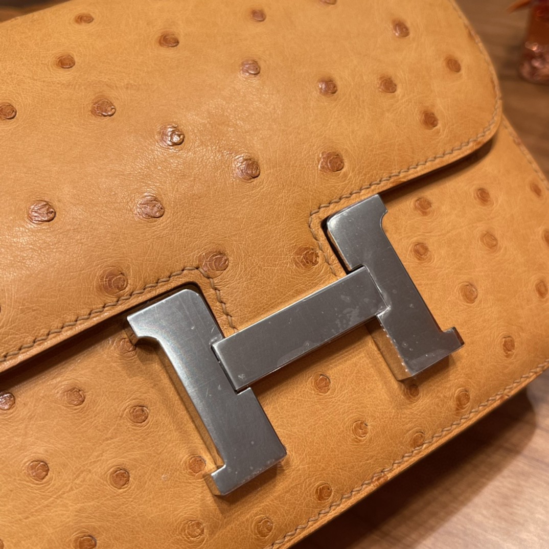 HERMES 爱马仕 19 康康鸵鸟皮 9V 太阳黄 银扣