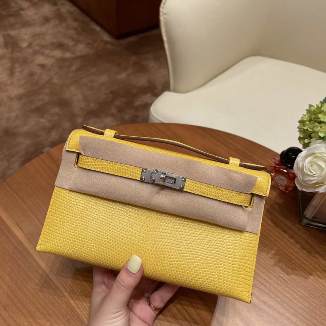 HERMES Kelly pochette 一代手包 西班牙lizard 蜥蜴皮 9L 金丝雀黄银扣