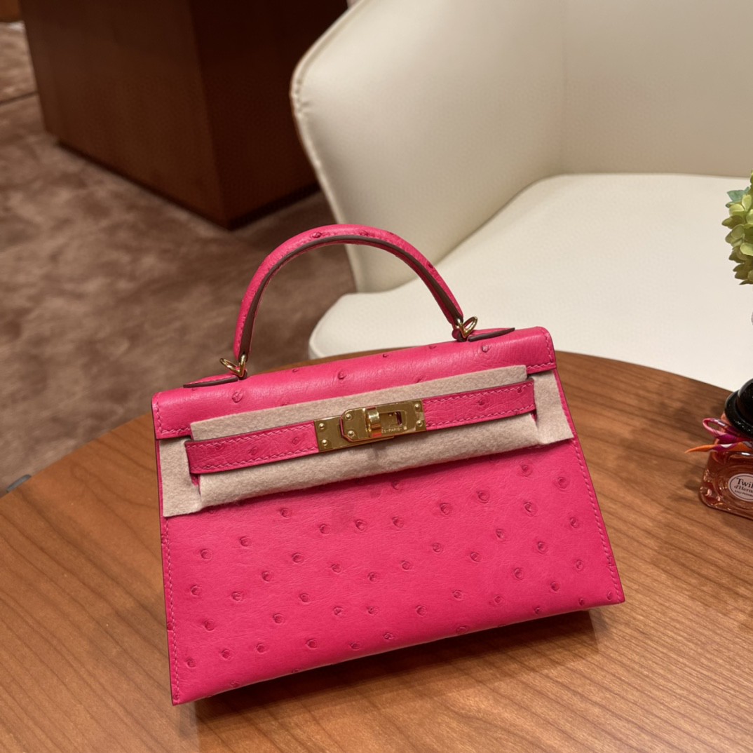 HERMES 爱马仕 mini kelly 二代 鸵鸟皮ostrich 皮 E5 糖果粉 金扣