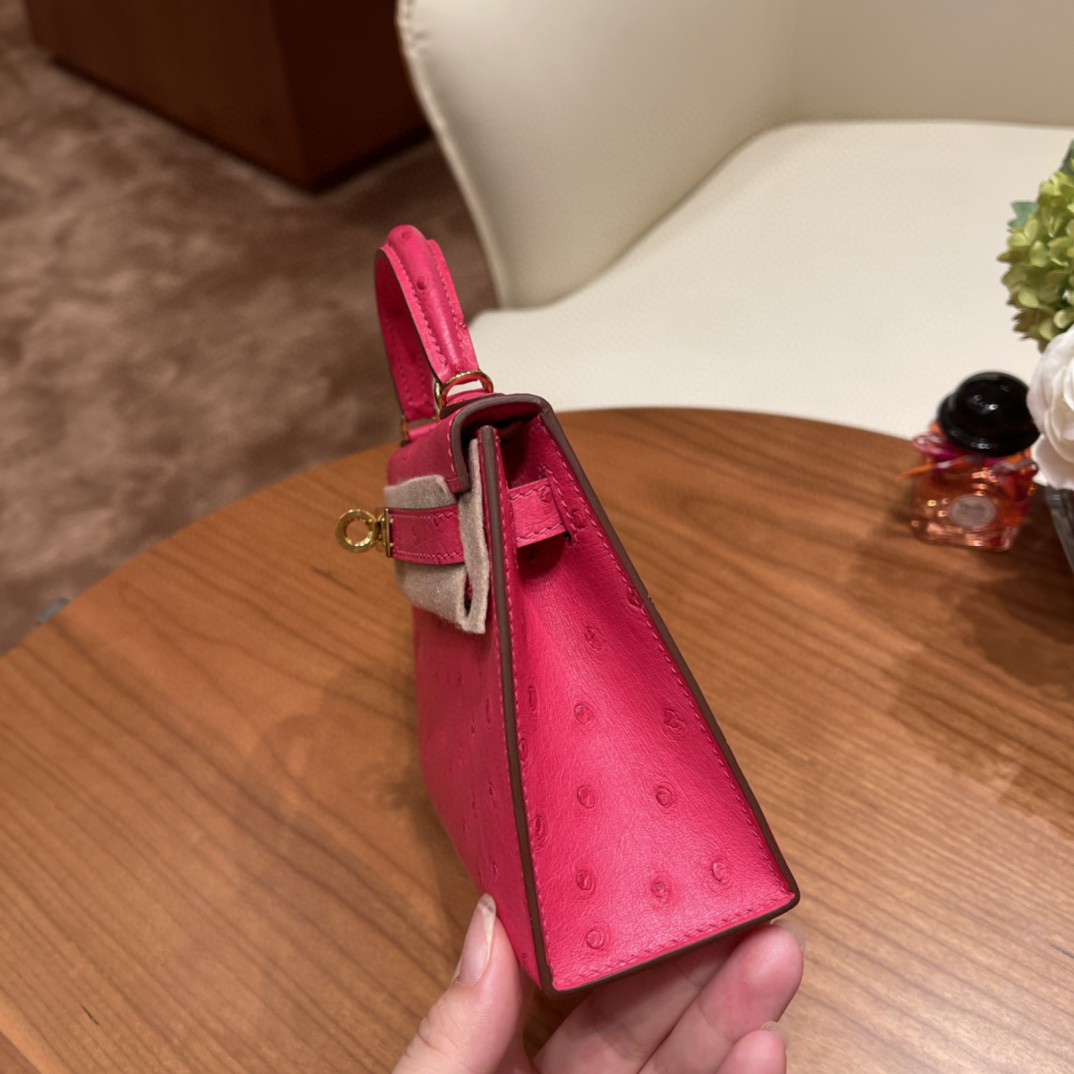 HERMES 爱马仕 mini kelly 二代 鸵鸟皮ostrich 皮 E5 糖果粉 金扣