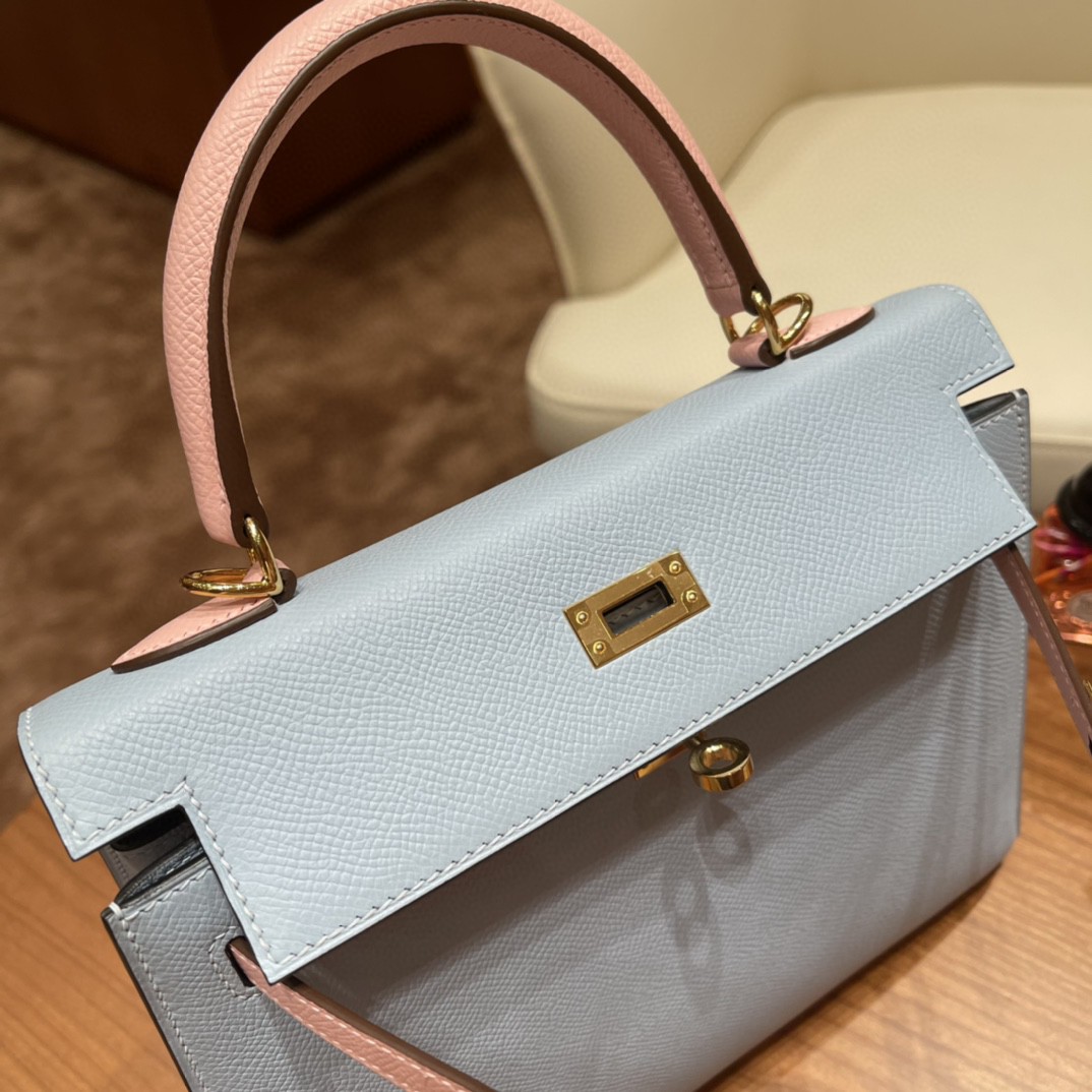 爱马仕 HERMES Kelly 25cm epsom皮 VIP定制 马蹄印 BB 蓝拼3Q粉 金扣