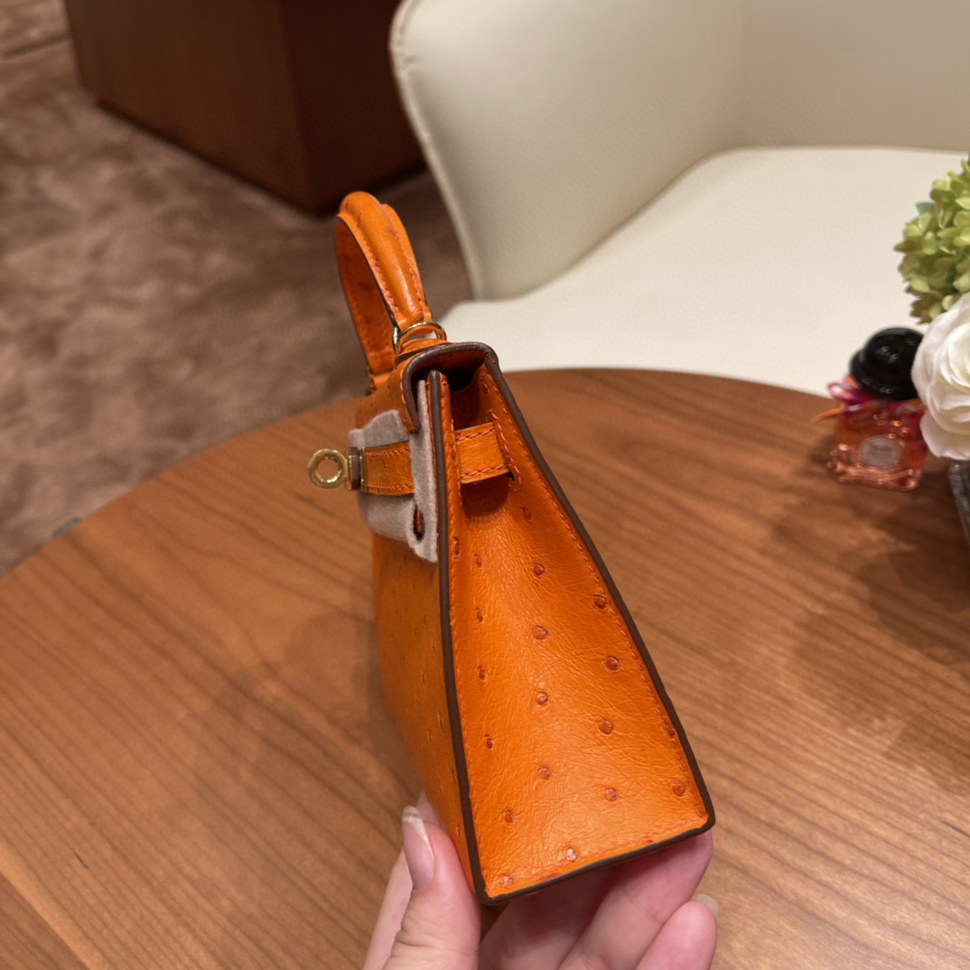 HERMES 爱马仕 mini kelly 二代 鸵鸟皮ostrich 皮 93 橙色 金扣