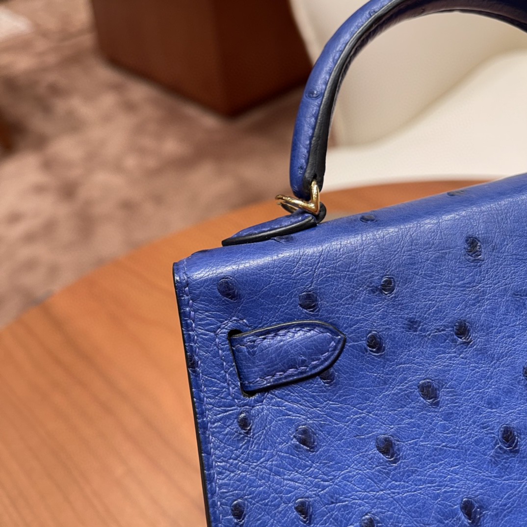 HERMES 爱马仕 mini kelly 二代 鸵鸟皮ostrich 皮 7T 电光蓝 金扣