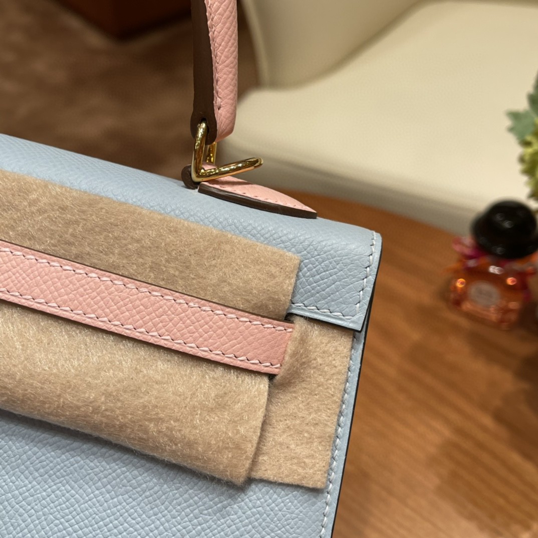 爱马仕 HERMES Kelly 25cm epsom皮 VIP定制 马蹄印 BB 蓝拼3Q粉 金扣