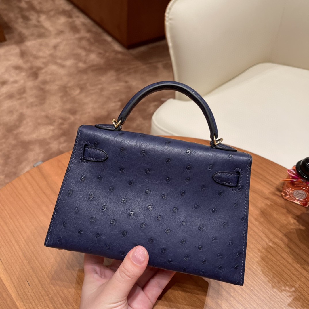 HERMES 爱马仕 mini kelly 二代 鸵鸟皮ostrich 皮 73 宝石蓝 金扣