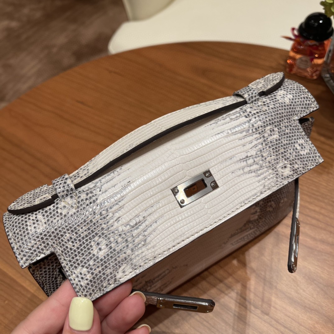 爱马仕 Kelly pochette 一代手包 西班牙lizard 蜥蜴皮 1B 雪花色 银扣