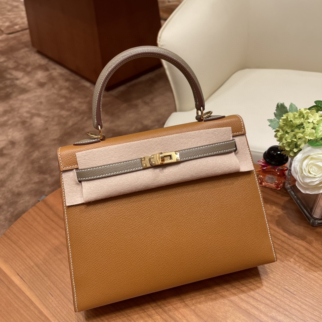 爱马仕 HERMES Kelly 25cm epsom皮 VIP定制 马蹄印 37 金棕拼18 大象灰 金扣