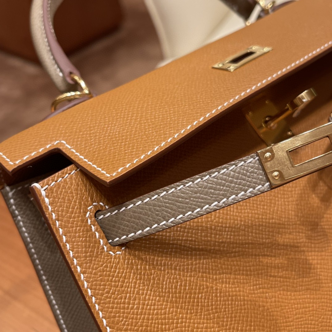爱马仕 HERMES Kelly 25cm epsom皮 VIP定制 马蹄印 37 金棕拼18 大象灰 金扣