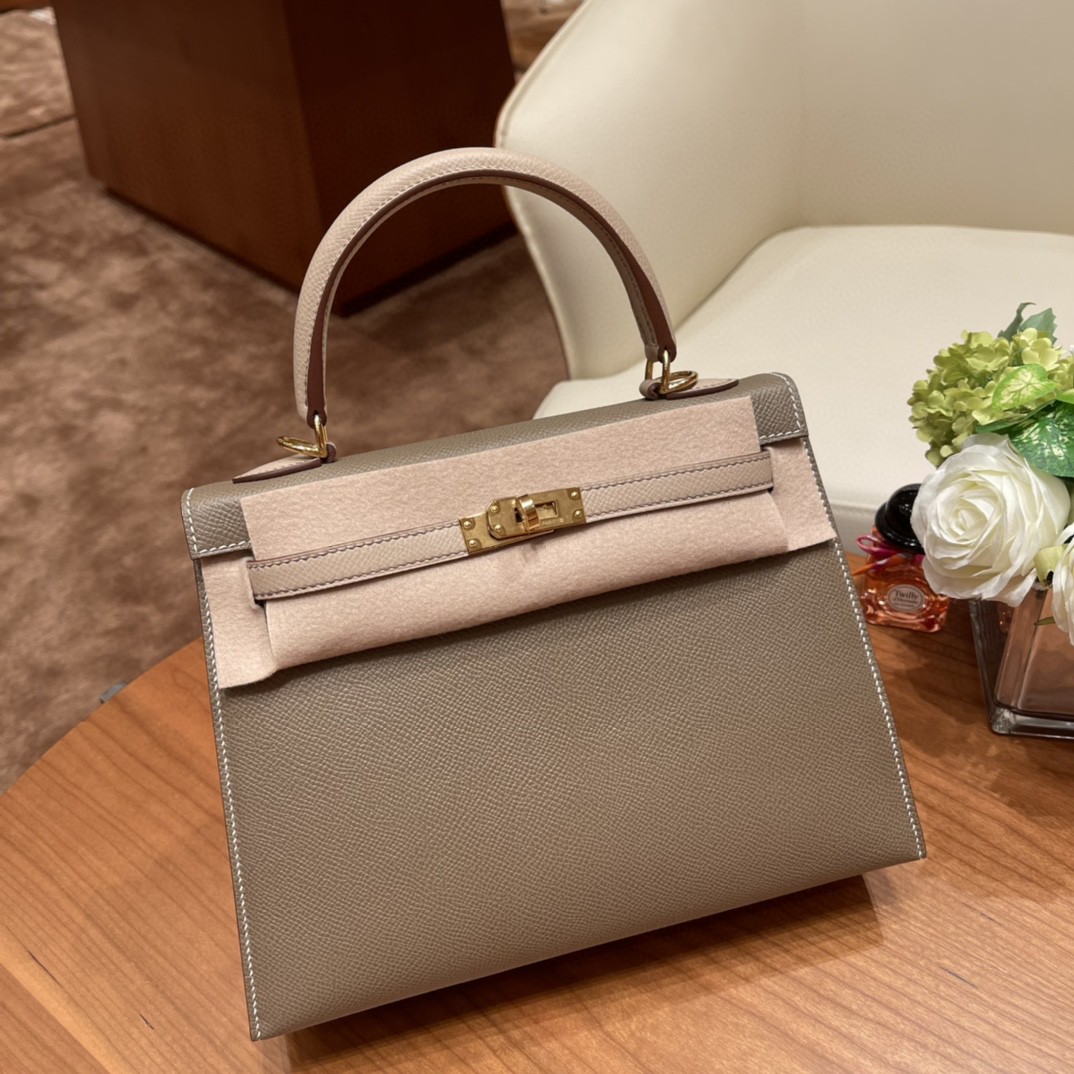 爱马仕 HERMES Kelly 25cm epsom皮 VIP定制 马蹄印 18 大象灰拼2S 风衣灰 金扣