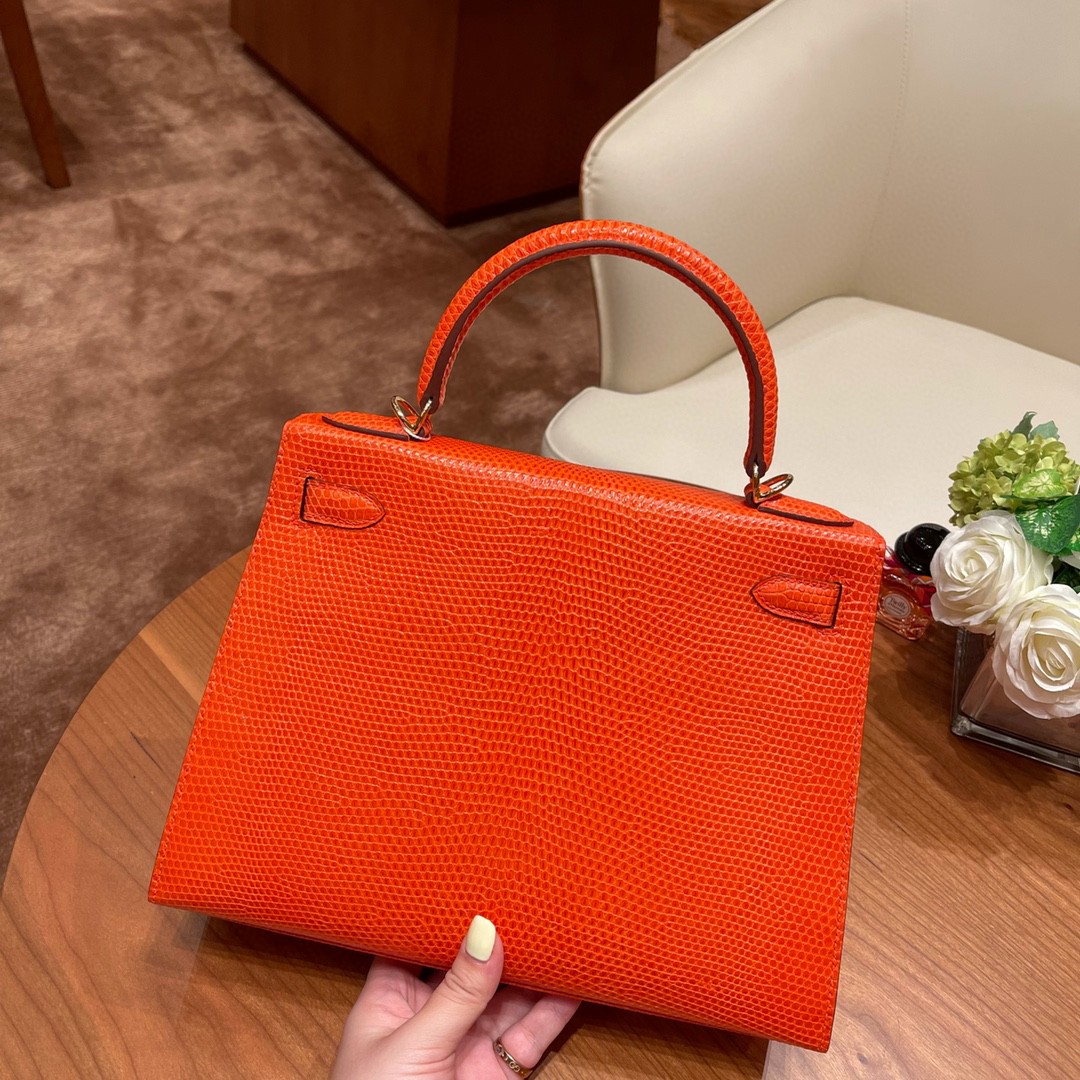 HERMES 28 Kelly 西班牙lizard 蜥蜴皮 稀有动物皮里 蜥蜴皮性比价还是很高的 9J 火焰橙 金扣