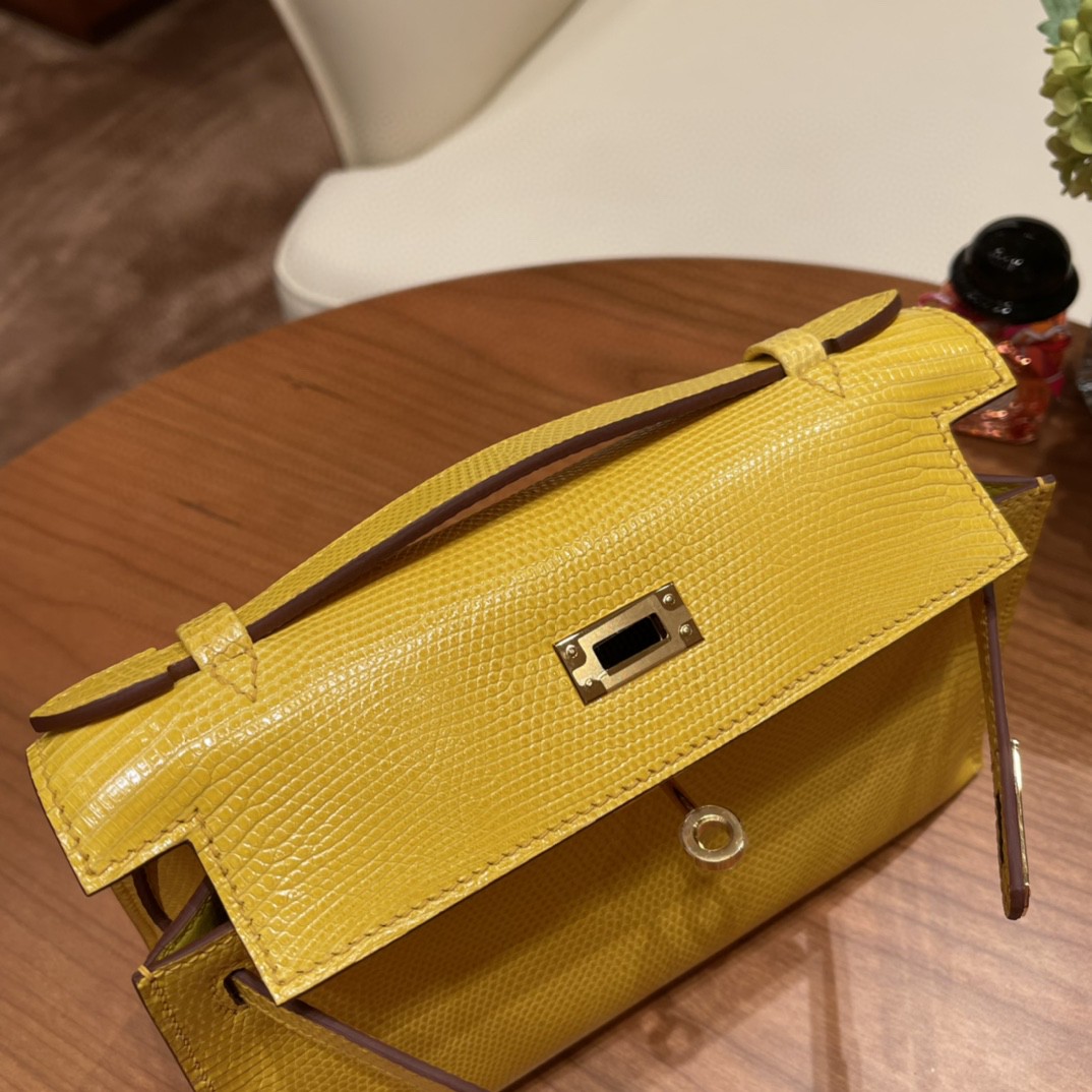 爱马仕 Kelly pochette 一代手包 西班牙lizard 蜥蜴皮 9L 金丝雀黄 金扣