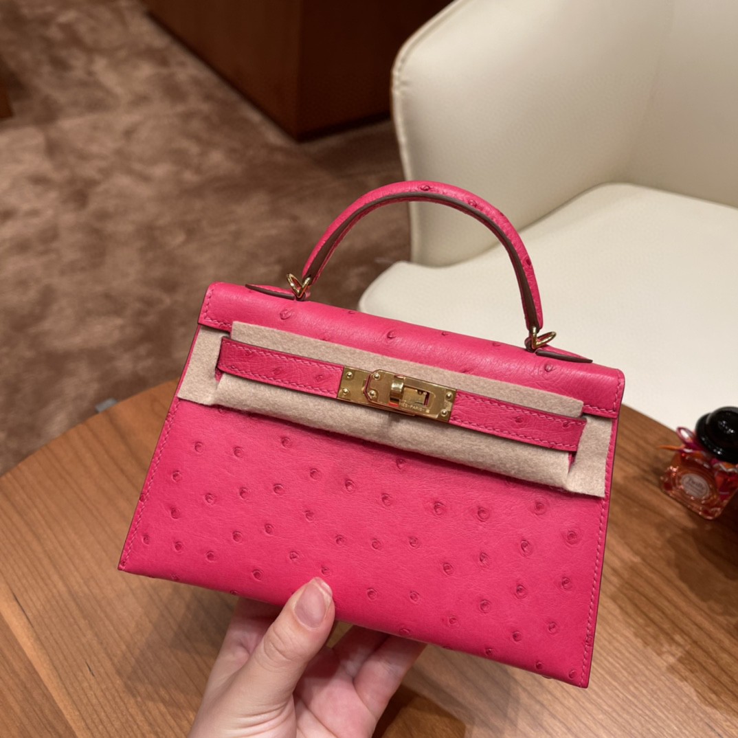 HERMES 爱马仕 mini kelly 二代 鸵鸟皮ostrich 皮 E5 糖果粉 金扣