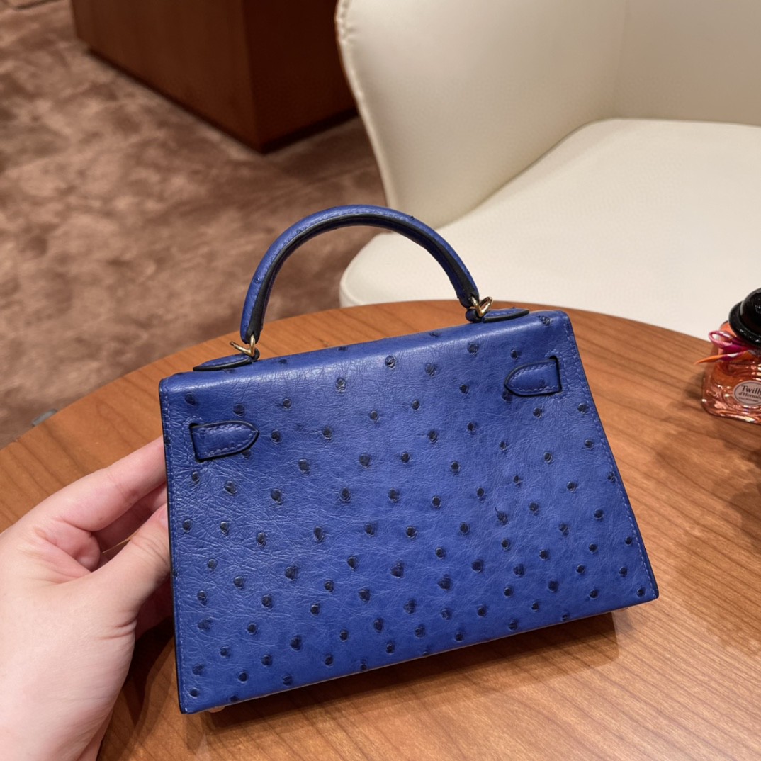 HERMES 爱马仕 mini kelly 二代 鸵鸟皮ostrich 皮 7T 电光蓝 金扣