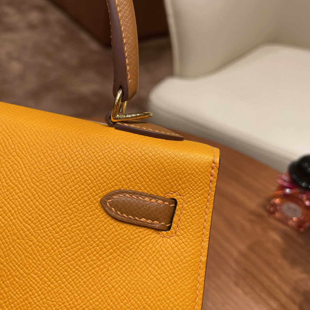 爱马仕 HERMES Kelly 25cm epsom皮 VIP定制 马蹄印 9V 太阳黄 拼37 金棕 金扣