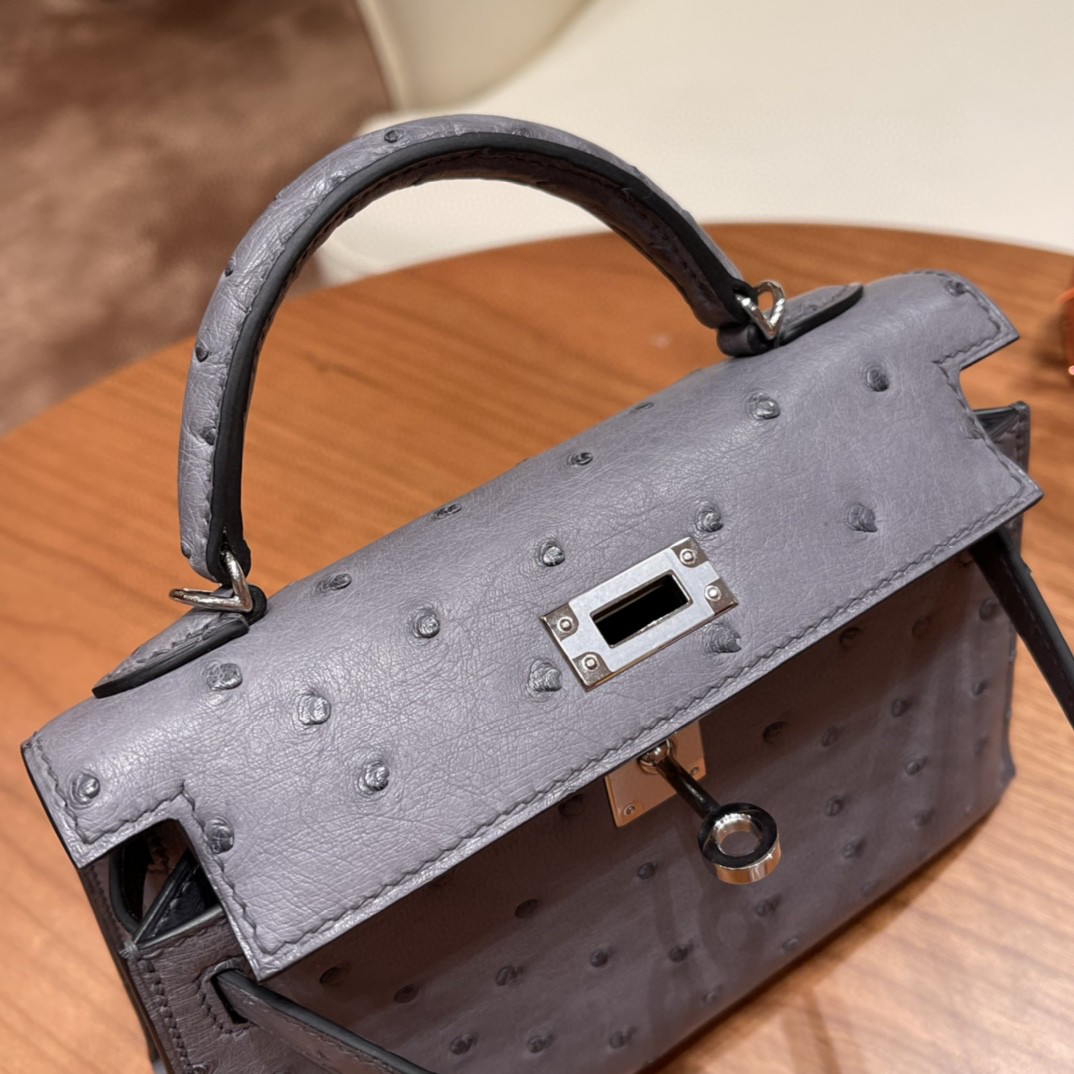 HERMES 爱马仕 mini kelly 二代 鸵鸟皮ostrich 皮 82 玛瑙灰银扣