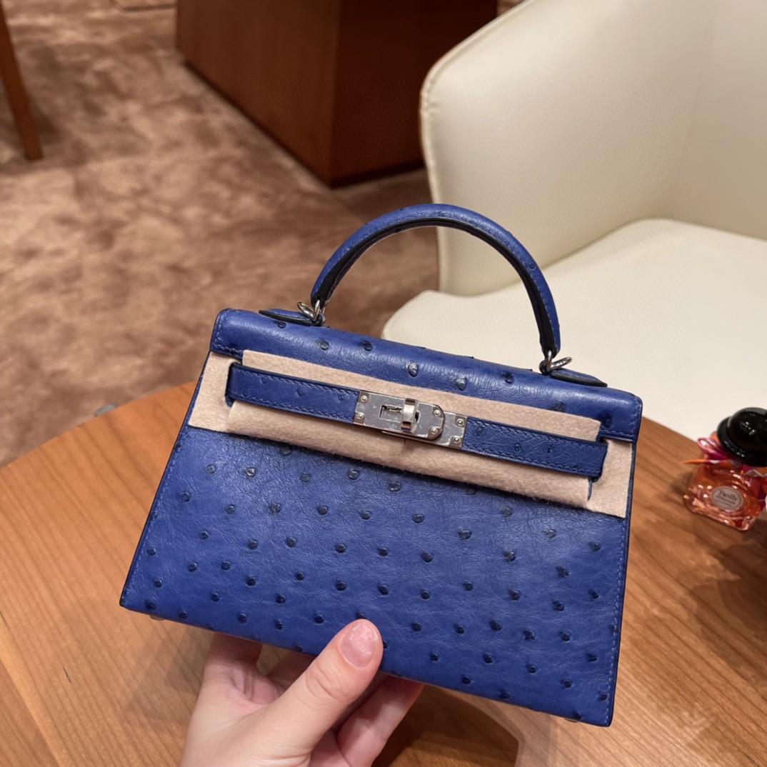 HERMES 爱马仕 mini kelly 二代 鸵鸟皮ostrich 皮 7T 电光蓝 银扣