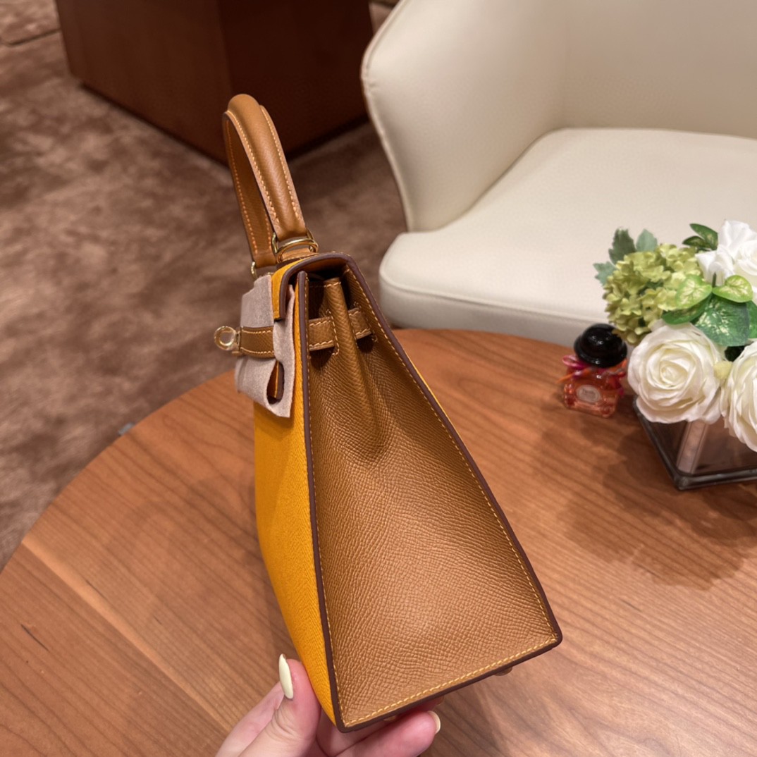爱马仕 HERMES Kelly 25cm epsom皮 VIP定制 马蹄印 9V 太阳黄 拼37 金棕 金扣