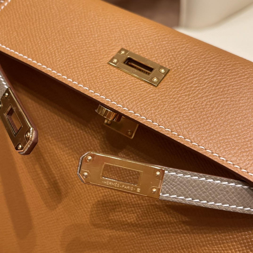 爱马仕 HERMES Kelly 25cm epsom皮 VIP定制 马蹄印 37 金棕拼18 大象灰 金扣