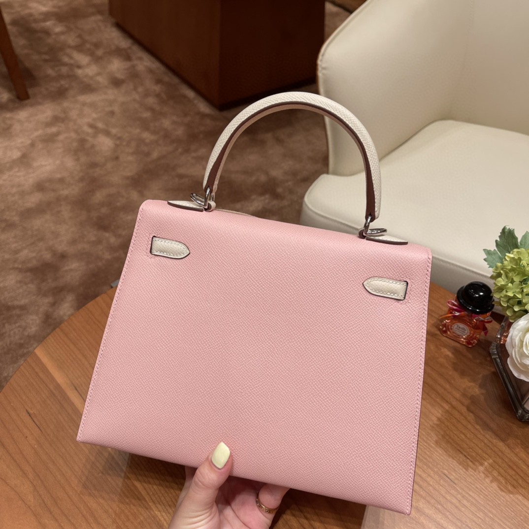 爱马仕 HERMES Kelly 25cm epsom皮 VIP定制 马蹄印 3Q 粉拼10 奶昔白 银扣