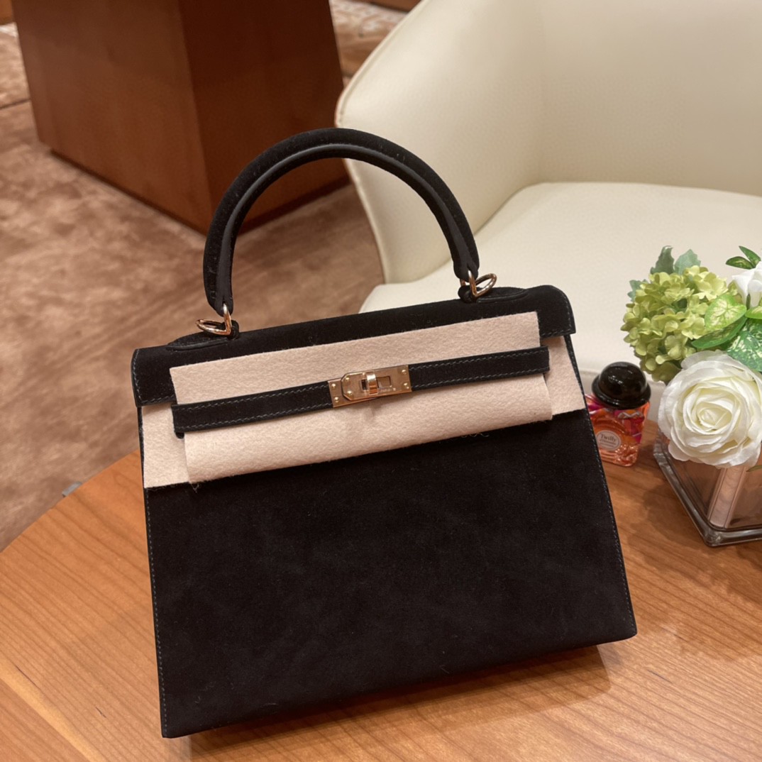HERMES 爱马仕 现货 25凯莉 磨砂皮黑色 玫瑰金