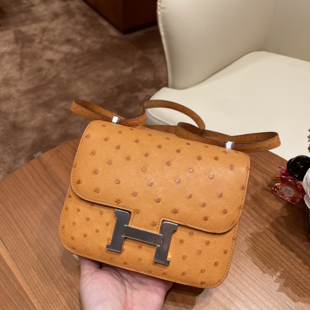 HERMES 爱马仕 19 康康鸵鸟皮 9V 太阳黄 银扣