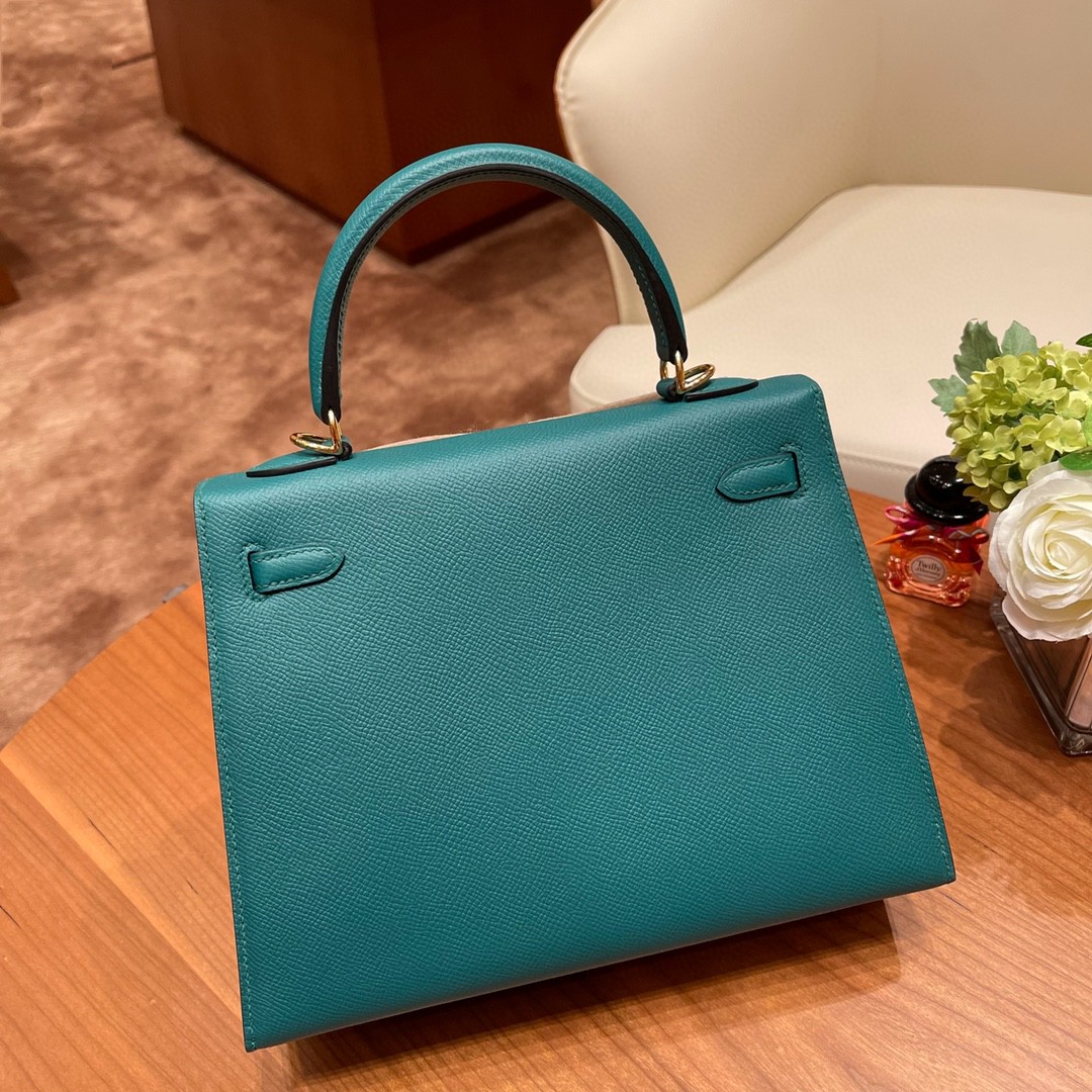 爱马仕 HERMES Kelly 25cm epsom皮 z6 孔雀绿 金扣