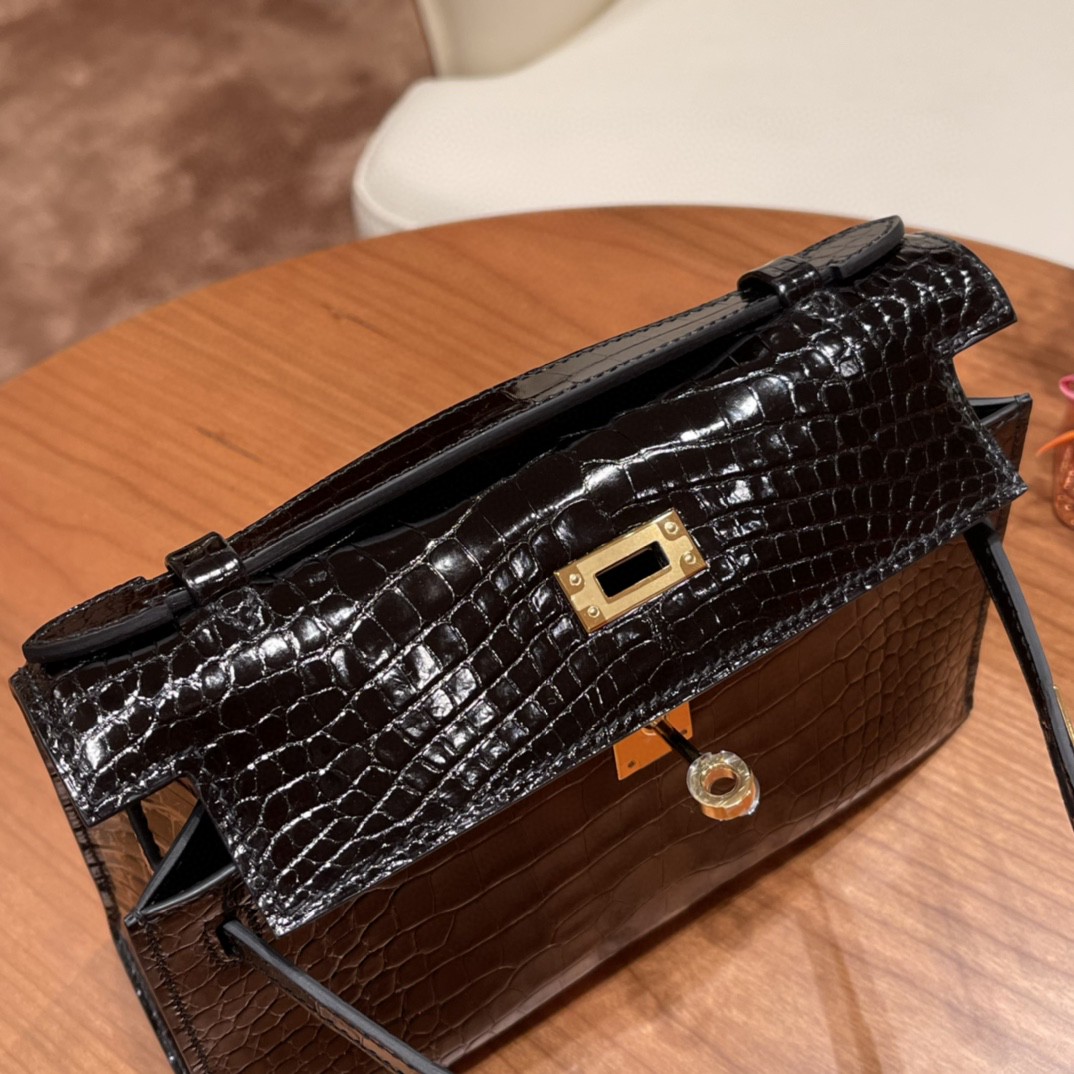 HERMES Kelly pochette 一代手包 亮光美洲鳄Alligator  89黑色 金扣
