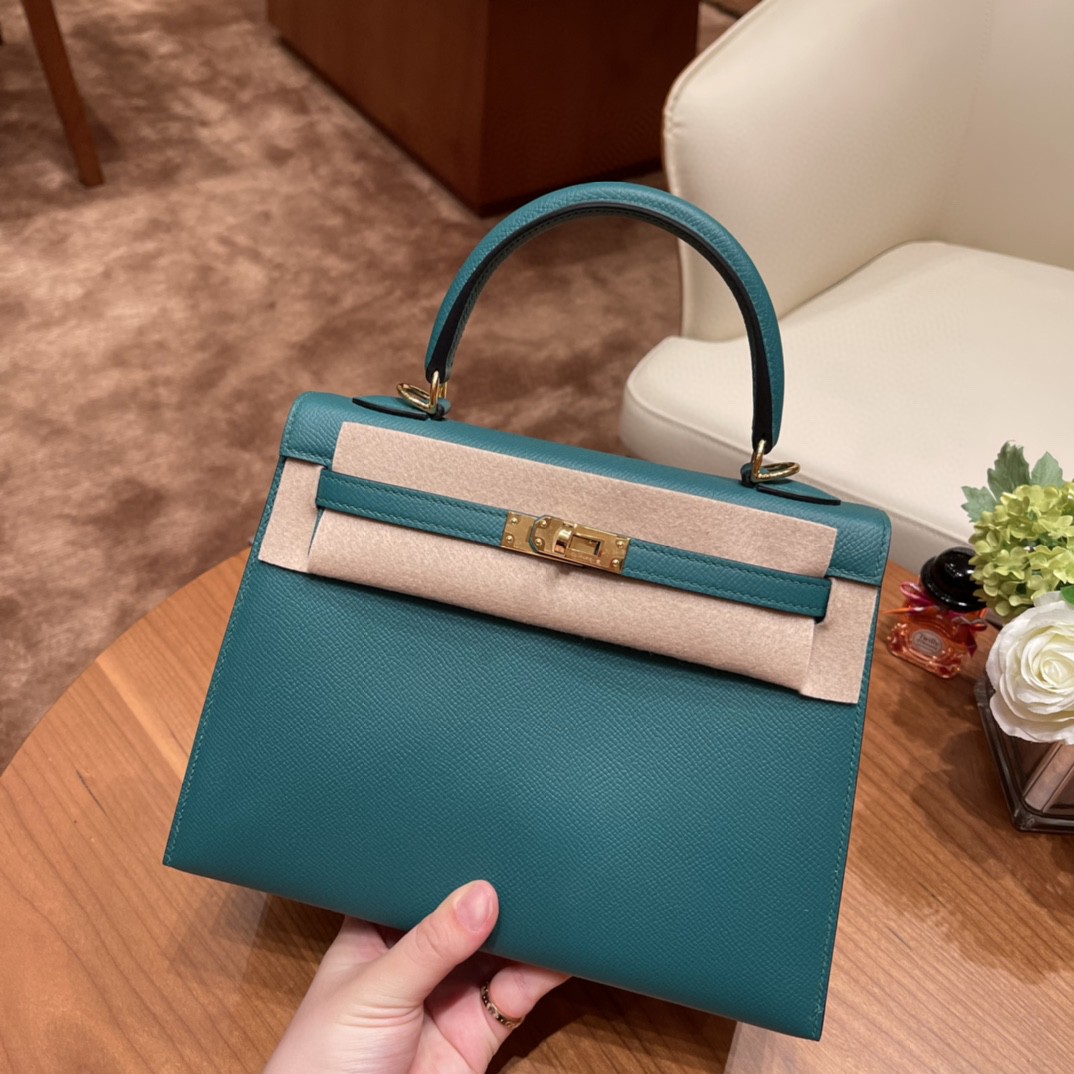 爱马仕 HERMES Kelly 25cm epsom皮 z6 孔雀绿 金扣