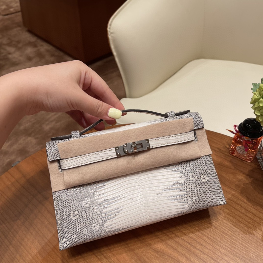 爱马仕 Kelly pochette 一代手包 西班牙lizard 蜥蜴皮 1B 雪花色 银扣