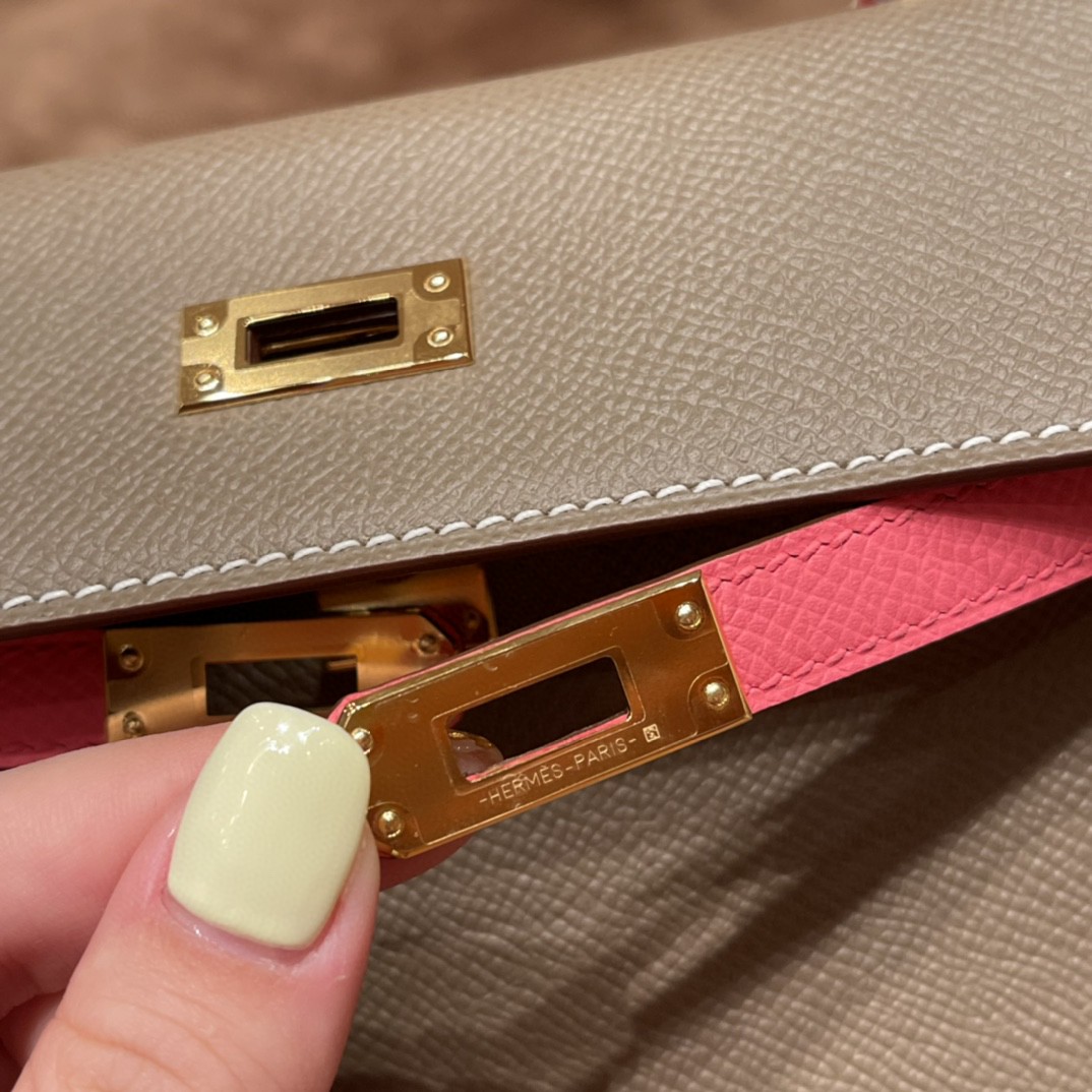 爱马仕 HERMES Kelly 25cm epsom皮 VIP定制 马蹄印 18 大象灰拼8W 唇膏粉 金扣