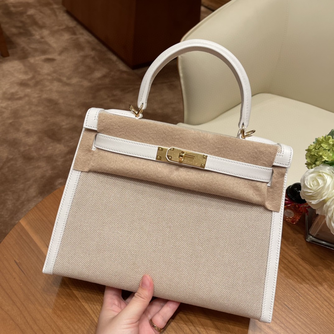 HERMES 爱马仕 限量款 kelly 28cm Kelly Toile H 01 纯白 金扣