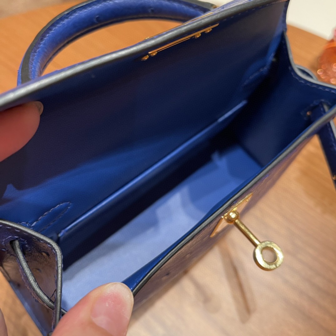 HERMES 爱马仕 mini kelly 二代 鸵鸟皮ostrich 皮 7T 电光蓝 金扣