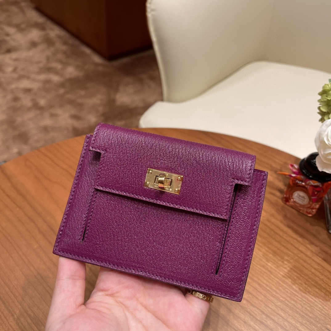HERMES 爱马仕 Kelly pocket 完美精致 配上kelly 腰带可以当腰包 山羊皮 P9 海葵紫 金扣