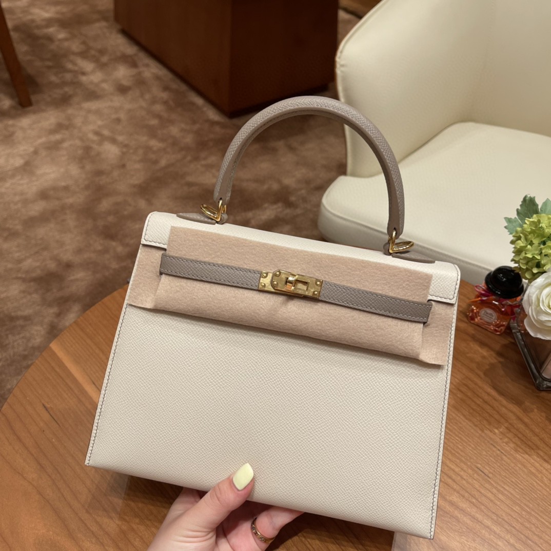 爱马仕 HERMES Kelly 25cm epsom皮 VIP定制 马蹄印 10 奶昔白拼 m8 沥青灰 金扣