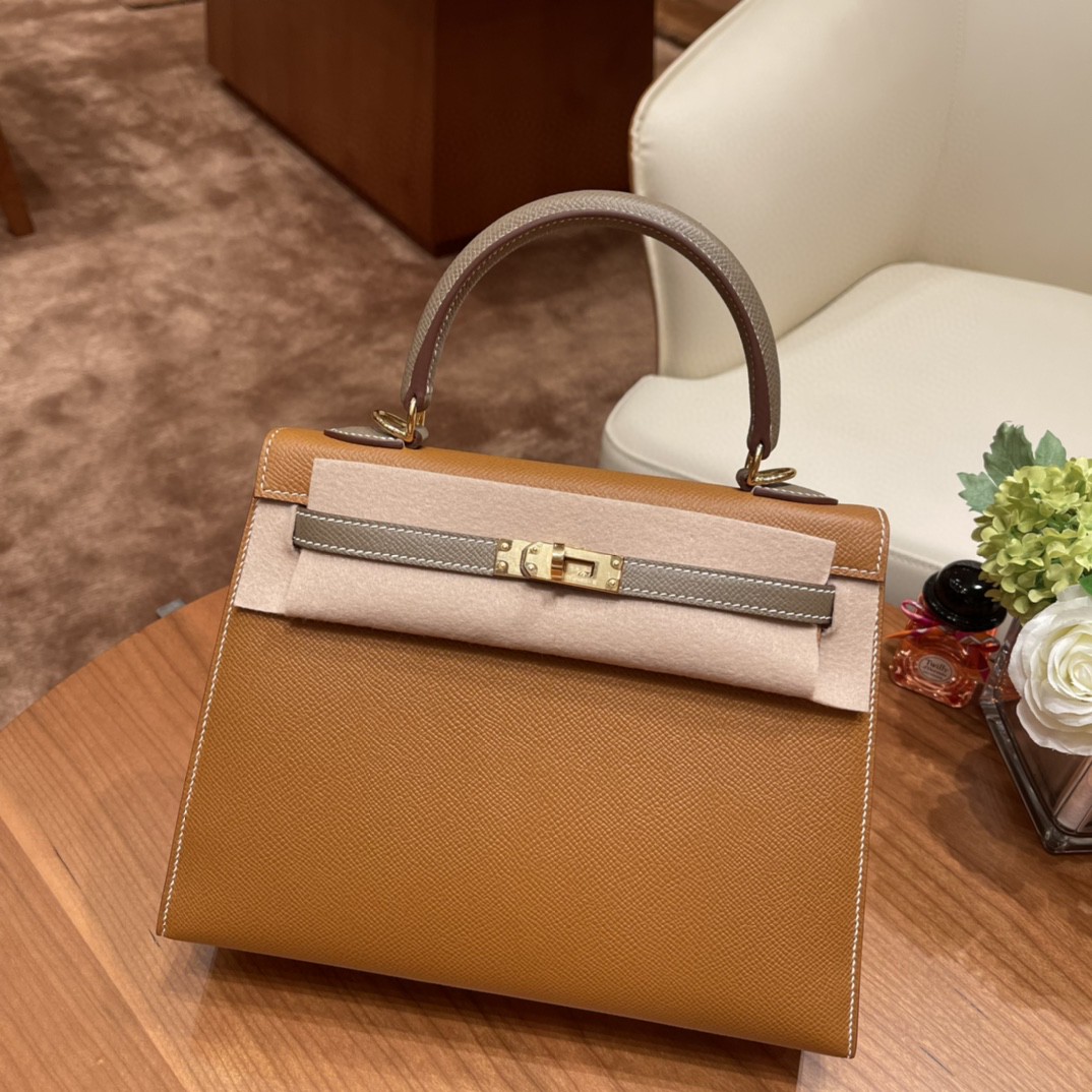 爱马仕 HERMES Kelly 25cm epsom皮 VIP定制 马蹄印 37 金棕拼18 大象灰 金扣