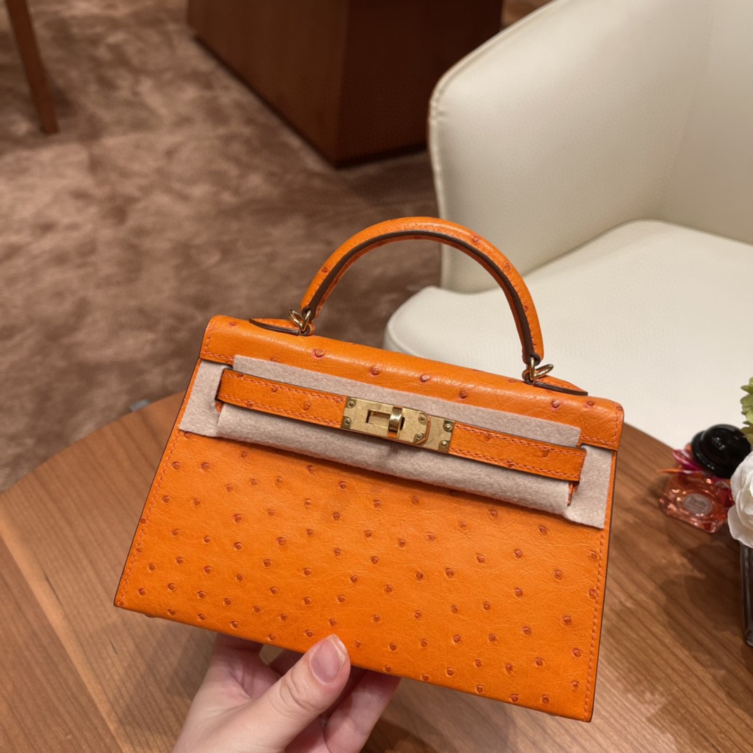 HERMES 爱马仕 mini kelly 二代 鸵鸟皮ostrich 皮 93 橙色 金扣